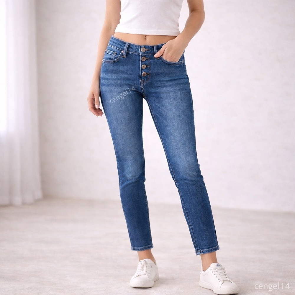 KanCan Mid-Rise Button Fly Skinny Jeans Medium Blue Stretch Denim Sz 26 NWOT